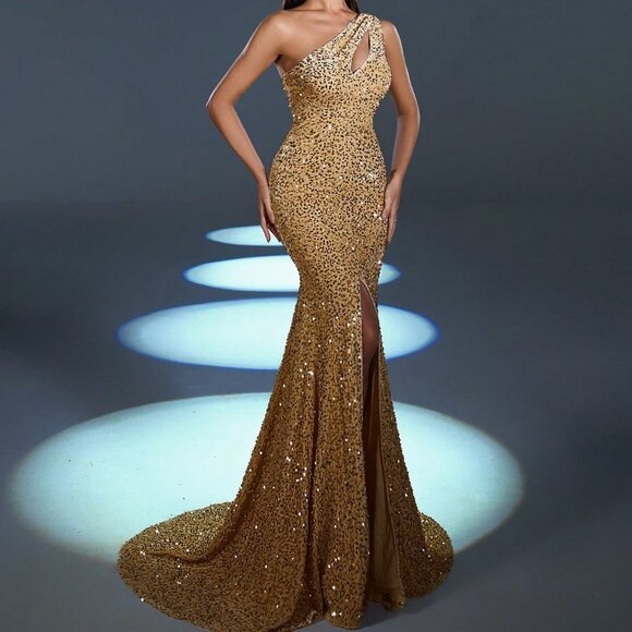 Champagne Party Women's Sequin One Shoulder Mermaid Hem Split Formal Dress - Picture 1 of 6